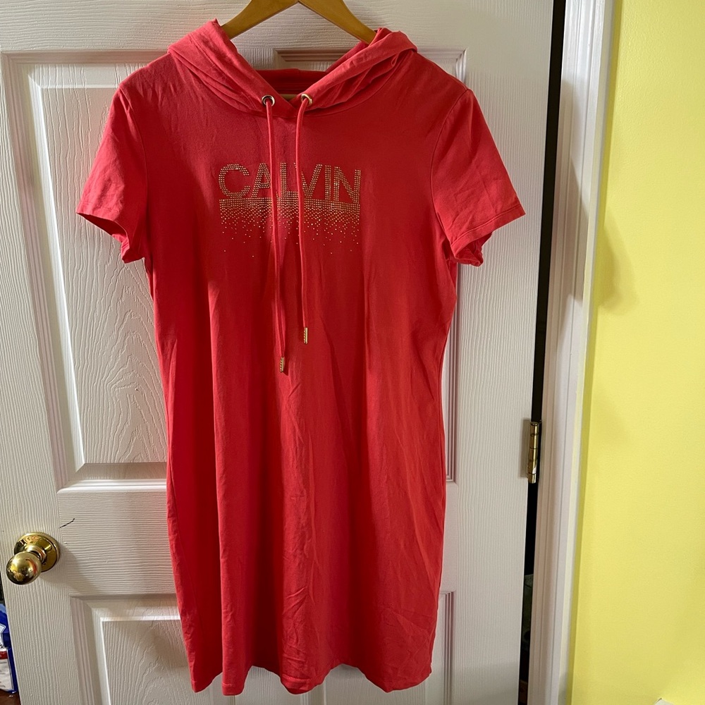 Calvin Klein hooded embellished logo t-shirt dress size large